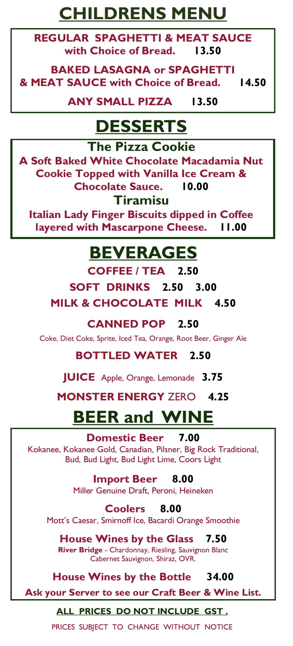 Top Pizza Menu Top Pizza & Spaghetti House