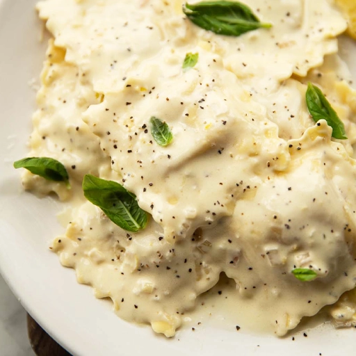 Baked Ravioli & Basil Cream Sauce 2 Baked Ravioli & Basil Cream Sauce